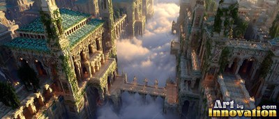 Teal roofs top a stone palace connected by high bridges over a thick sea of clouds