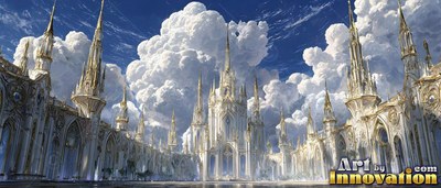 A white palace rises into fluffy clouds under bright blue daytime light