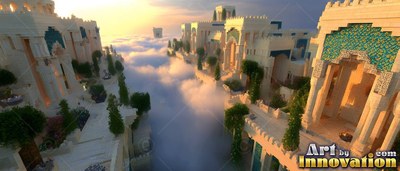 Looking down from high above pale stone palaces bordering a sea of clouds