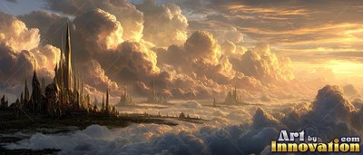 Golden spires of a fantasy city rise above light clouds at sunset