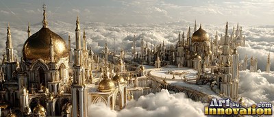 Above white clouds, a city of gold domes and tall white spires rises into the sky