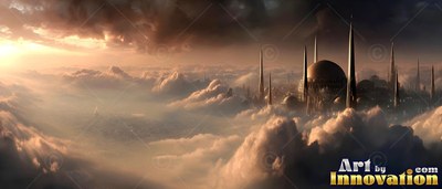 Rising through puffy pale clouds, a dark city with tall spires catches soft sunlight