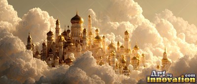 Gold palace with round domes surrounded by thick clouds