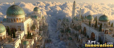 Patterned teal domes rise over a white stone city surrounded by soft clouds in warm sunlight