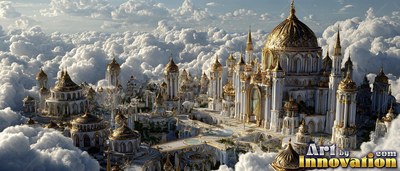 A palace city rises above clouds in bright afternoon sunlight