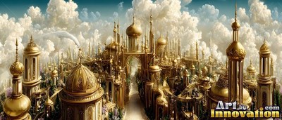 Seen from above, a golden city of domes and towers rests in fluffy bright white clouds