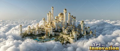 A white and gold palace with tall towers sits above puffy light clouds