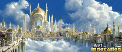 Above clouds, a shining golden palace sits under a blue sky