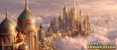 Golden city with towers and spires above pink clouds