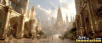 Tall golden spires rise along a wide city street under bright sunlight and soft clouds