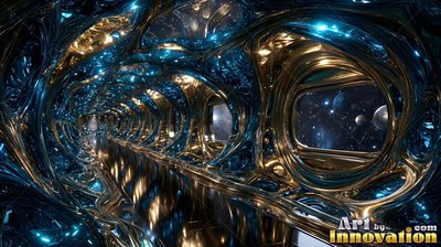 In a curved hallway of shiny gold and blue metal, windows look out into space