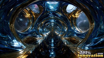 Flowing into a curved tunnel, polished blue and gold metal reflects deep space