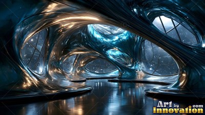 Polished chrome arches curve through a hall with blue light reflection