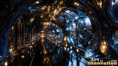 Curved dark chrome arches line a tunnel hall lit by warm yellow lamps beside outer space windows