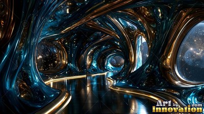 Liquid smooth metal arches twist into a tunnel, reflecting warm light on blue and gold surfaces