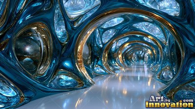 Looking straight down a glossy hallway framed by curving blue smooth metal arches