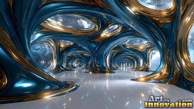 A hallway of shiny blue and gold metal arches curving over a white floor