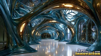 In a long gallery, fluid arches of blue and gold metal rise over a white floor