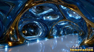 Curving through space, a shiny blue and gold tunnel frames views of starry skies