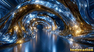 A hallway of shiny blue and gold fluid metal arches