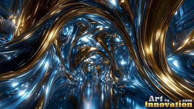 Polished gold arches curl through a hallway lined in reflective blue steel