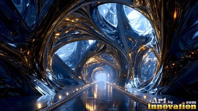 Fluid metal arches curve over a dark hallway illuminated by blue daylight
