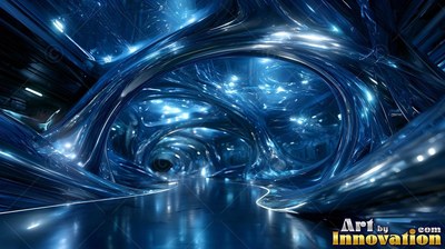 Sweeping low through a dark hall, blue molten curved metal arches reflect lights