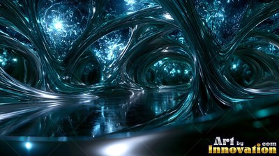 Melted arched metal frames twist together in a dark room lit by blue light
