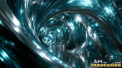 In a dark tunnel, curved arches of shiny turquoise and silver metal swirl forward