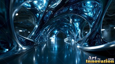 Curving overhead, blue chrome arches form a polished hallway with cool reflections