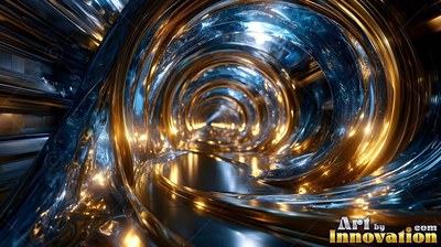 Curving tunnel of shiny gold and blue flowing metal