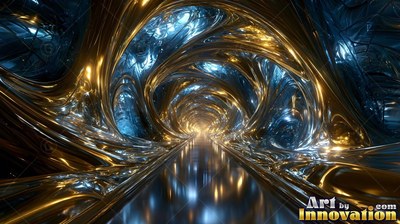 Polished chrome swirls surround a straight walkway in a golden tunnel