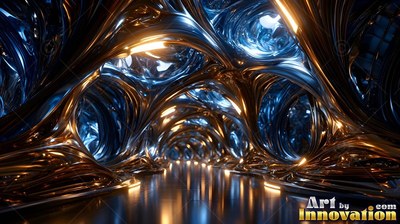 Fluid arches of metal curve over a polished floor, reflecting warm orange light