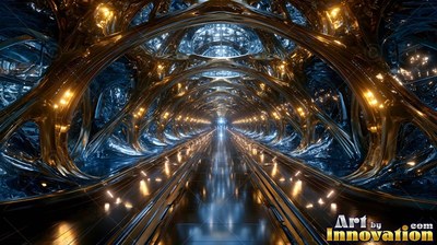 Facing straight down a dark tunnel of fluid metal arches and yellow lights
