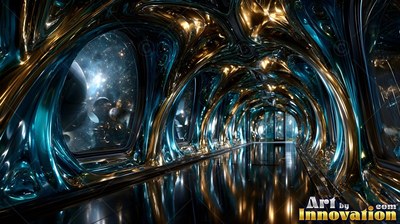 A dark corridor framed by swirling blue and gold arches of metal looking out at stars