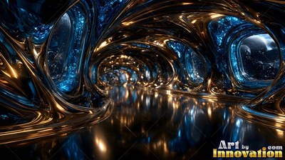 Inside a curved hallway, shiny gold and blue fluid metal forms arches around windows