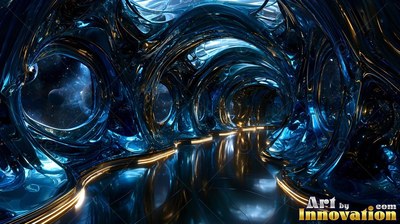 Curving into a dark tunnel, blue chrome arches line a path lit with gold strips