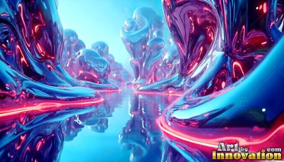 Pink and blue liquid metal columns rising from shiny water