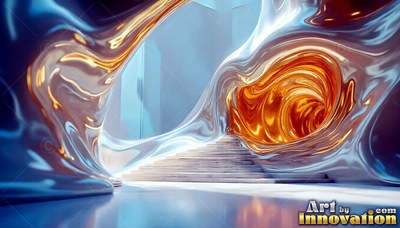 Swirling silver chrome walls surround bright stone steps beside an orange tunnel opening