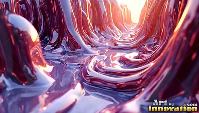 Red metallic fluid pools in swirling ridges under warm sunlight