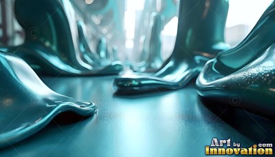 Poured flat across a bright hallway, teal flowing metal forms smooth feet