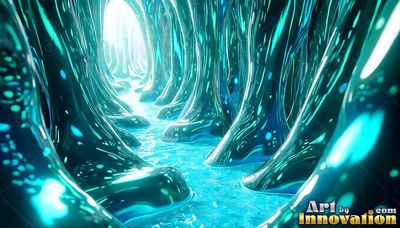 A hallway of shiny teal metal pillars leading to a bright white opening