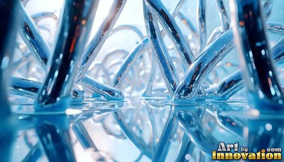 Across a bright blue hall, curved chrome arches rise from a mirror floor