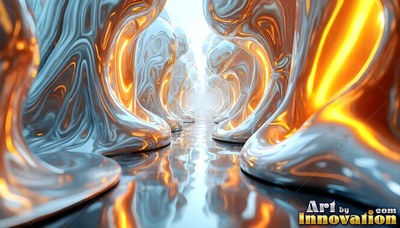 Melting along a glossy floor, silver liquid columns shine with warm yellow light
