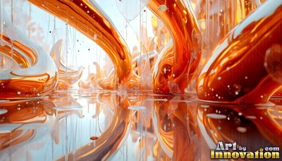 Smooth orange liquid arches rising from a wet shiny floor