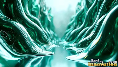 Smooth green metal ridges line a reflective pool under soft bright light