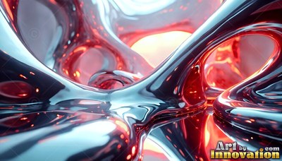 Molten chrome arches twist together above pools of red and white light