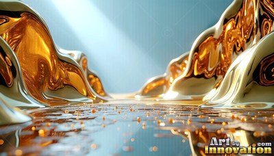 Low angle of wavy gold liquid mounds flanking a reflective path under soft blue light