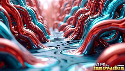Curved red and blue metallic pipes flow into puddles on a dark floor