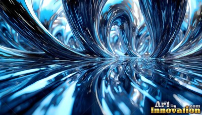 In a shiny metallic tunnel, swirling blue liquid arches rise from the floor